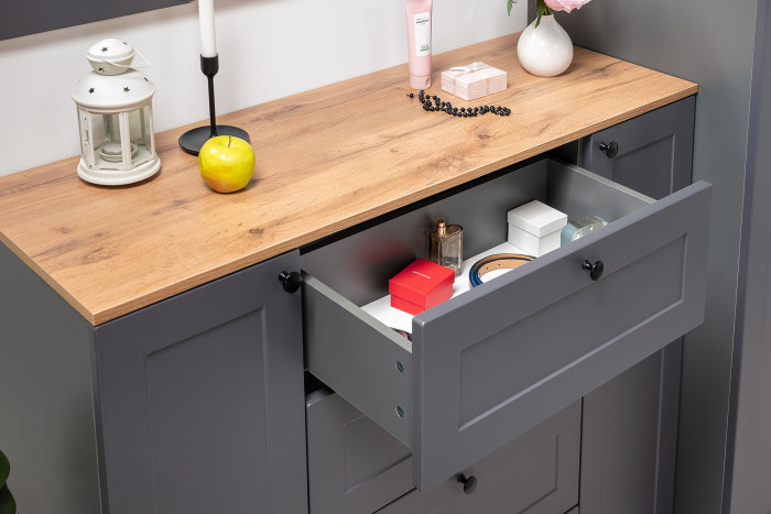 Остин 11.53 Кровать + ортопед + 16.152 Тумба прикроватная + 16.221 Комод, серый графит/дуб крафт золотой