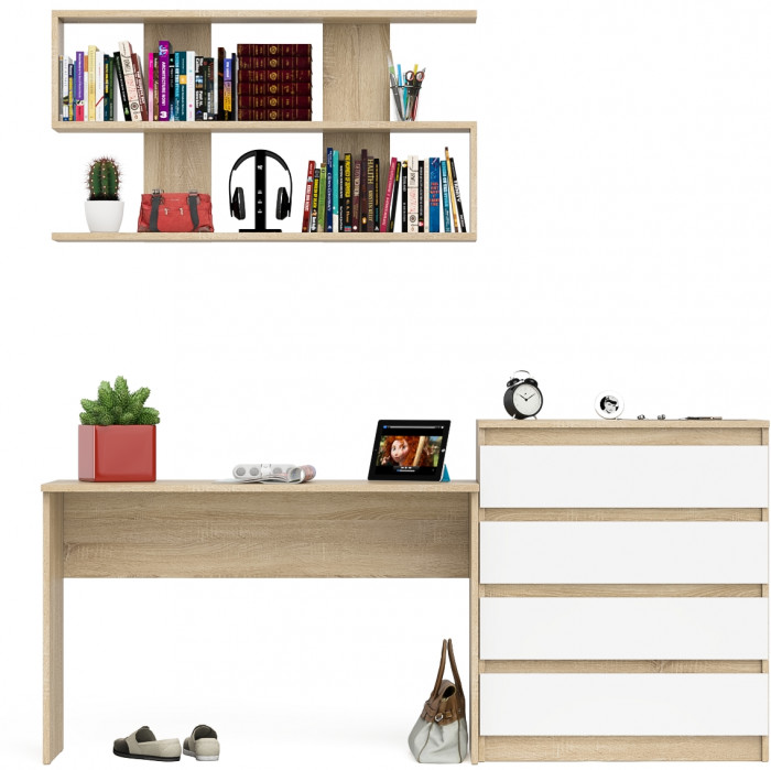 Мори Стол письменный МСП1200.1 + Комод МК800.4 + Полка 1200, цвет дуб сонома/белый, ШхГхВ 200,8х50х209,6 см., универсальная сборка