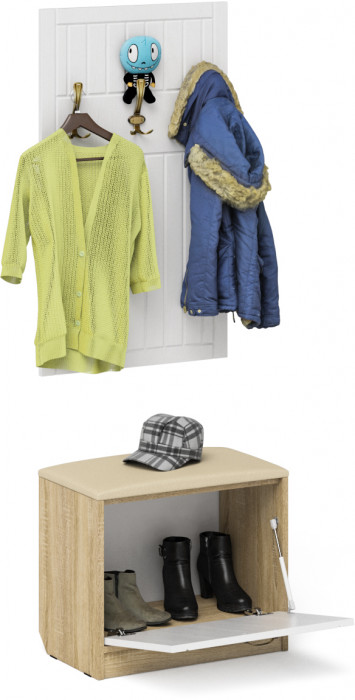 Прихожая П-6 Тумба + Вешалка, дуб сонома/фасады МДФ белое дерево фрезеровка прованс