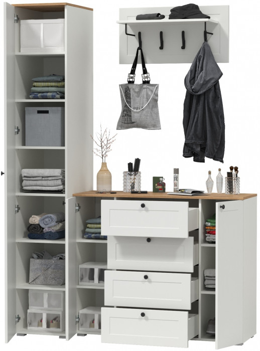 Остин Прихожая 21, цвет белый шагрень/дуб крафт золотой, ШхГхВ 160х54,3х229,6 см., универсальная сборка