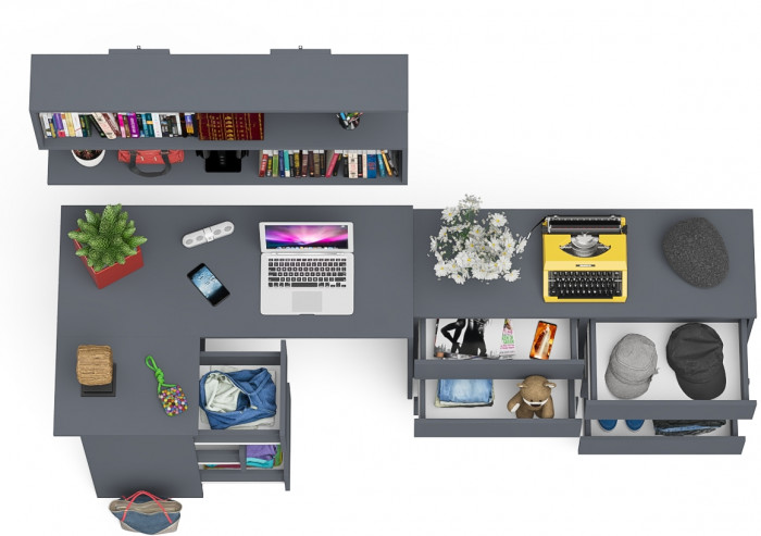 Мори компьютерный стол МС-16 левый + Комод МК1200.6 + Полка 1200, графит