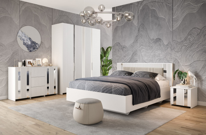 Кровать КИНГ-САЙЗ 180х200 "Харди" с зеркальными вставками - Белый текстурный/Ясень белый