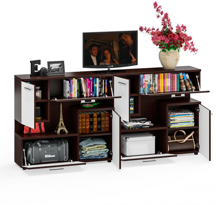 Две тумбы ТВ С-МД-С1-1000, цвет венге/белый шагрень, ШхГхВ 200х30х93 см., НЕ универсальная сборка