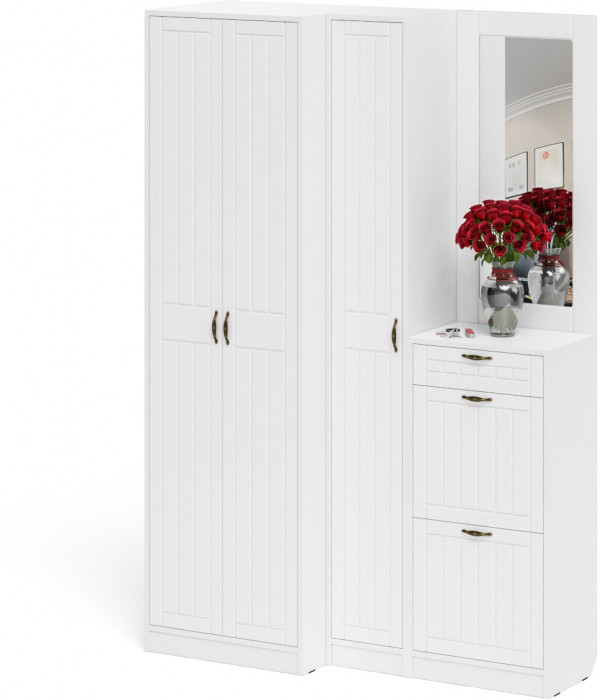 Прихожая П-6 Компоновка № 29, цвет белая шагрень/фасады МДФ белое дерево фрезеровка прованс, ШхГхВ 140х50х210 см., универсальная сборка