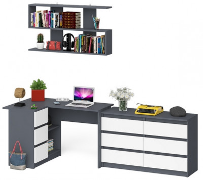 Мори компьютерный стол МС-16 левый + Комод МК1200.6 + Полка 1200, графит/белый