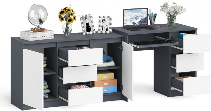 Мори компьютерный стол МС-6 правый + Комод МК1200.3, графит/белый