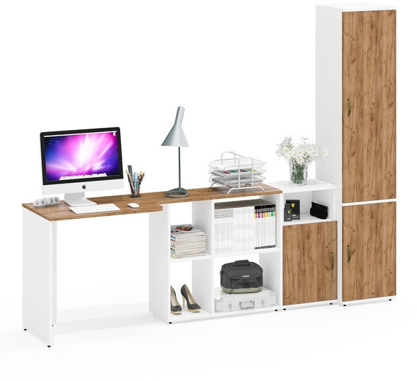 Лидер-8 Стол + Тумба МД 3.19 + Пенал МД 22Б, цвет белый шагрень/крафт золото, ШхГхВ 245х50/37,5х75/190 или 115х160/50х75/190 см., НЕ ун. сборка