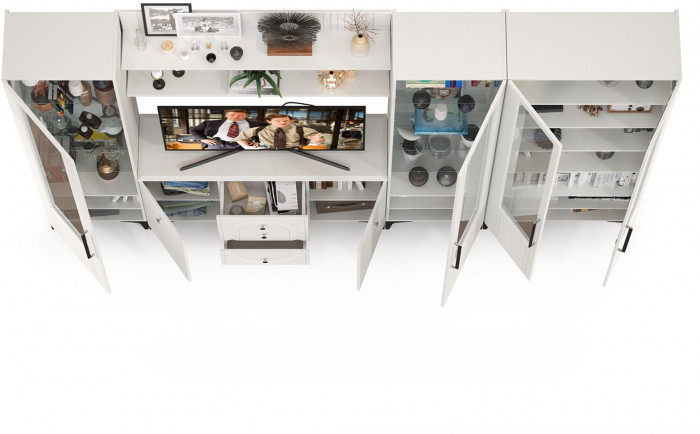 Валенсия Гостиная № 109, цвет ЛДСП белый шагрень/МДФ белый шагрень, ШхГхВ 327,3х38,4х225,2 см., ниша для ТВ 133х38х90 см., универсальная сборка