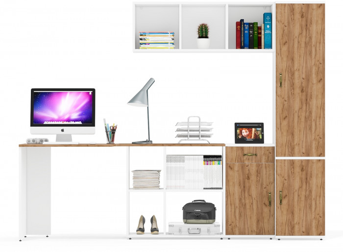 Лидер-8 Стол + Полка + Тумба МД 3.15 + Пенал МД 22Б, белый шагрень/крафт золото