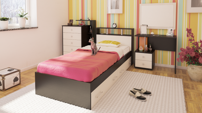 Камелия спальня № 14 Кровать с ящиками 900 + Стол косметический + Зеркало + Комод, цвет венге/дуб лоредо, сп.м. 900х2000 мм., б/м, основание есть