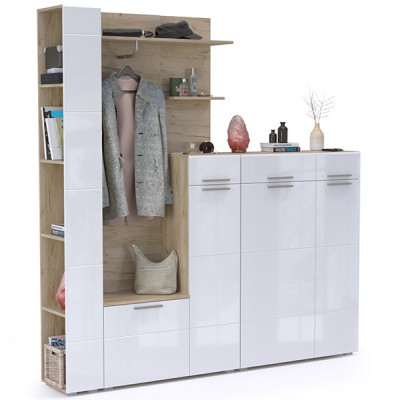 Лайн Прихожая № 09, цвет дуб крафт серый/фасады МДФ белый глянец, ШхГхВ 201,8х35,1х210 см., НЕ универсальная сборка