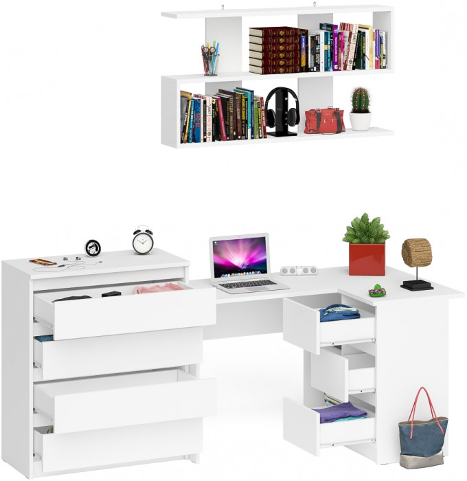 Мори компьютерный стол МС-16 правый + Комод МК800.4 + Полка 1200, белый