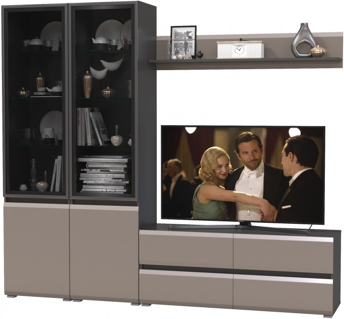 Сидней Комплектация № 049, цвет корпус: антрацит/фасады: МДФ веллюто капучино, ШхГхВ 229,9х41,3х205,2 см., ниша для ТВ 129х41х98 см., универс. сборка