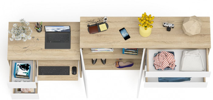 Мори Стол компьютерный МС-6 левый + Комод МК1600.1, цвет дуб сонома/белый, ШхГхВ 250,4х50х94 см., выдвижные ящики слева, НЕ универсальная сборка