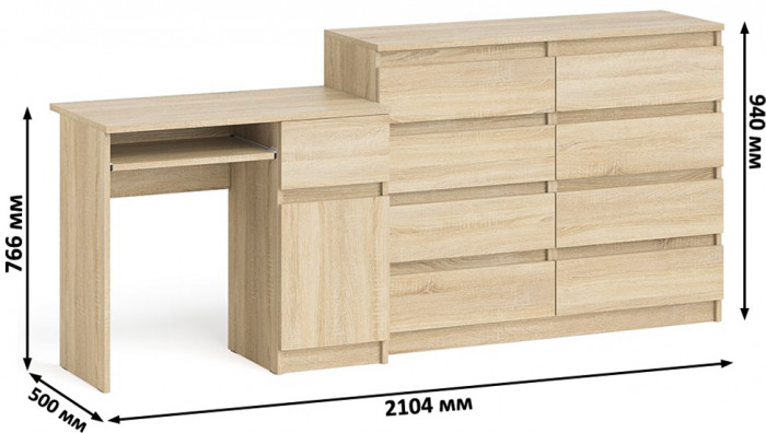 Мори компьютерный стол МС-1 правый + Комод МК1200.8, дуб сонома