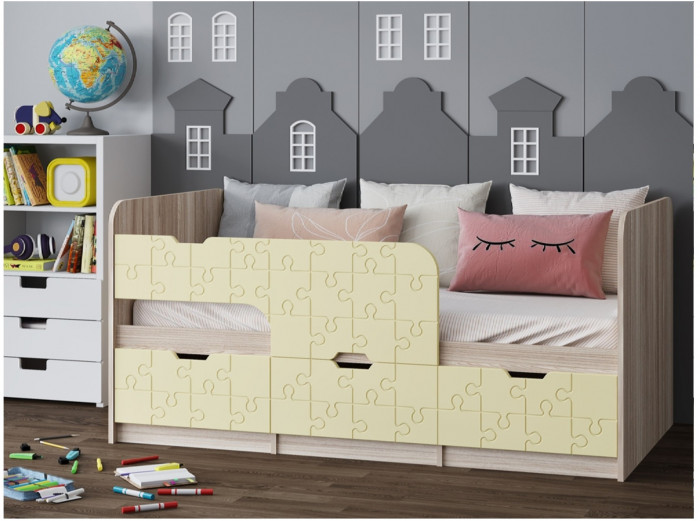 Детская кровать Юниор-9, 80х180 (Ваниль глянец, Ясень шимо светлый)