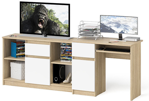 Мори компьютерный стол МС-1 левый + Тумба МТВ1204.1, дуб сонома/белый
