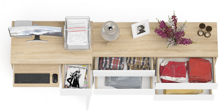 Мори компьютерный стол МС-1 правый + Комод МК1380.6, дуб сонома/белый