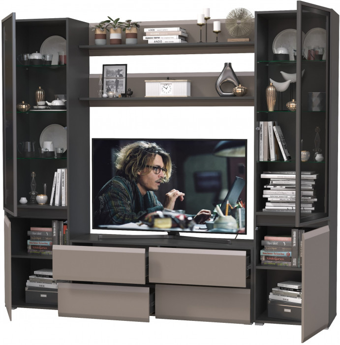 Сидней Комплектация № 068, цвет корпус: антрацит/фасады: МДФ веллюто капучино, ШхГхВ 229,9х41,3х205,2 см., ниша для ТВ 129х41х90 см., универс. сборка