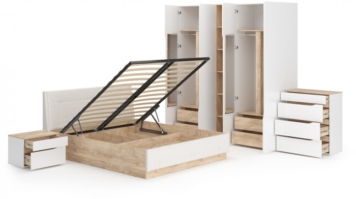 Муссон Спальня № 05, цвет белый/дуб эндгрейн элегантный/искусственная кожа белая, подъёмный ортопед, сп. м. 1600х2000 мм., б/м