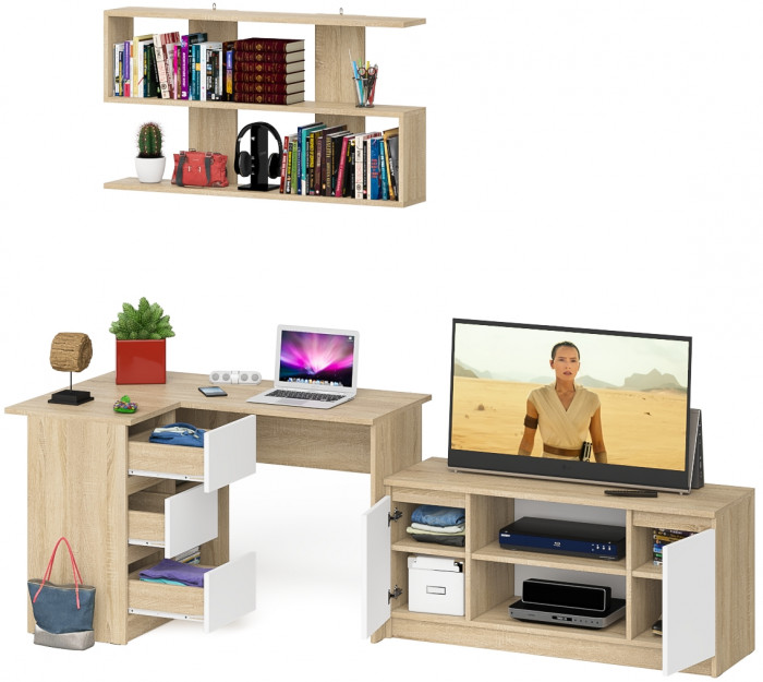 Мори компьютерный стол МС-16 левый + Тумба МТВ1200.1 + Полка 1200, дуб сонома/белый