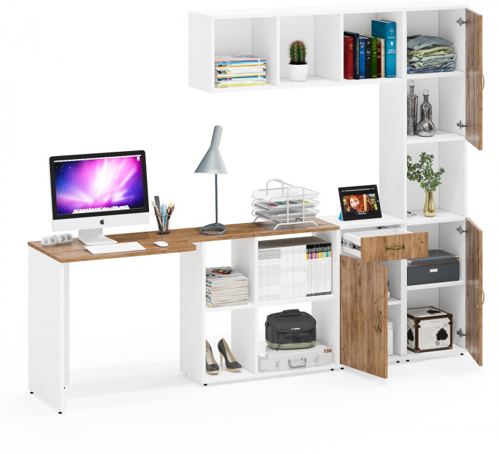 Лидер-8 Стол + Полка + Тумба МД 3.15 + Пенал, белый шагрень/крафт золото