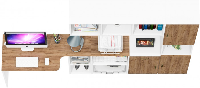 Лидер-8 Стол + Полка + Тумба МД 3.15 + Пенал, белый шагрень/крафт золото