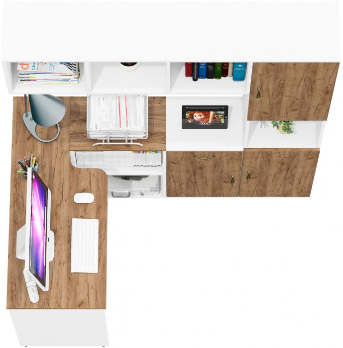 Лидер-8 Стол + Полка + Тумба МД 3.15 + Пенал, белый шагрень/крафт золото