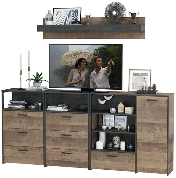 Трувор Гостиная 008, цвет дуб гранж песочный/интра, ШхГхВ 241х37х195 см., универсальная сборка