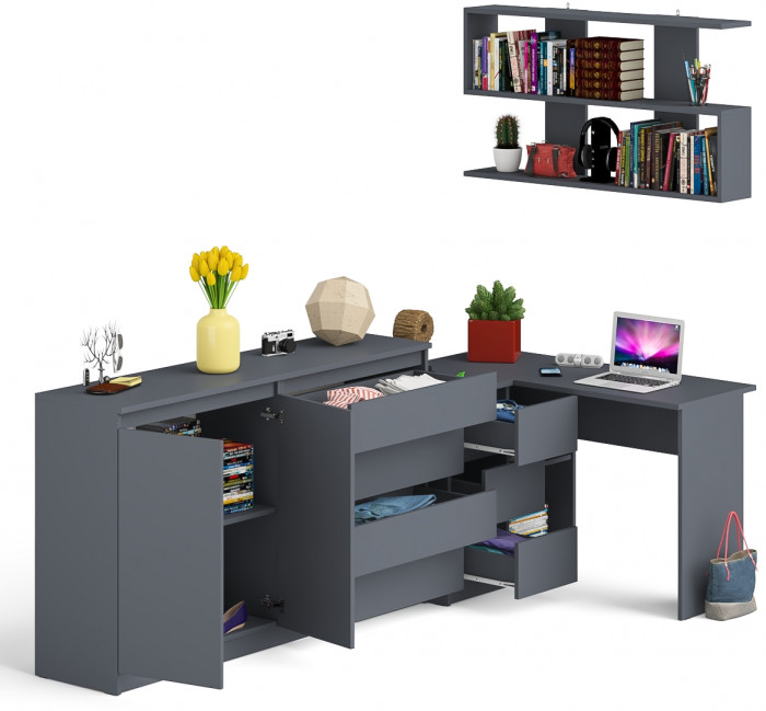 Мори компьютерный стол МС-16 левый + Комод МК1600.1 + Полка 1200, графит