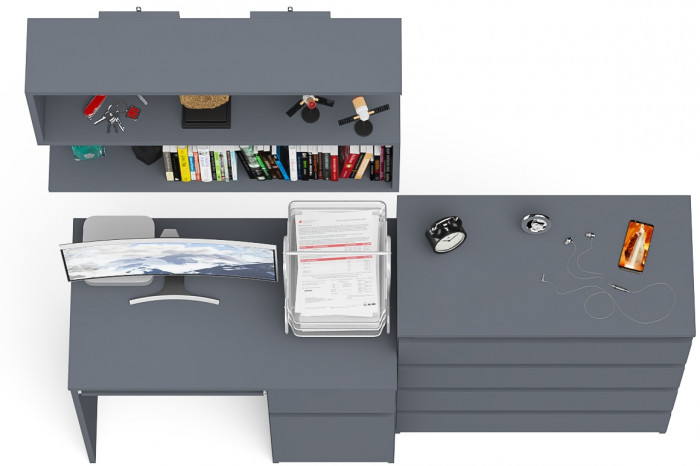 Мори Стол компьютерный МС-1 правый + Комод МК800.4 + Полка 900, цвет графит, ШхГхВ 170,4х50х209,6 см., НЕ универсальная сборка