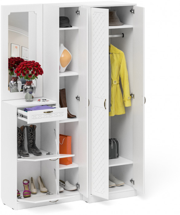 Прихожая П-6 Компоновка № 29, белая шагрень/фасады МДФ белое дерево фрезеровка ромб