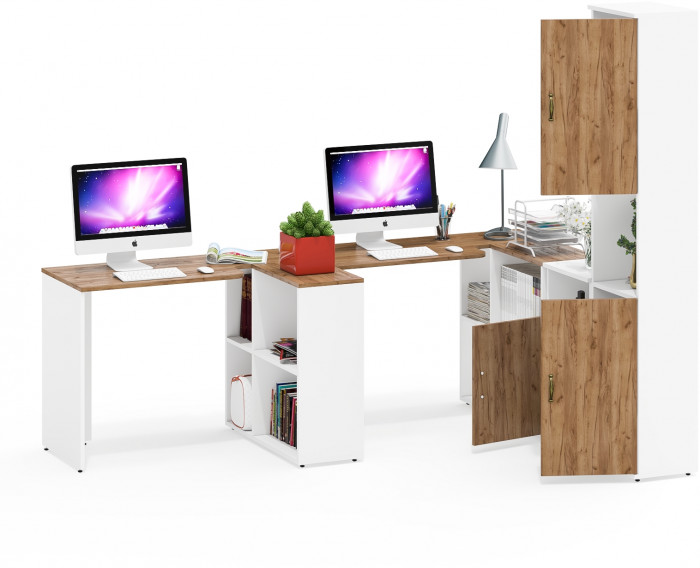 Лидер-8 Стол + Стол + Пенал + Тумба МД 3.19, белый шагрень/крафт золото