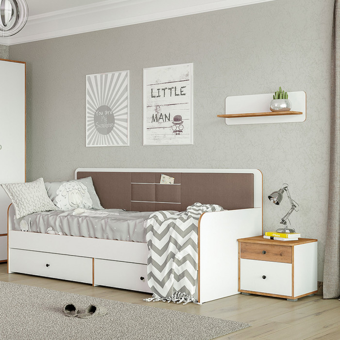 Вуди Компоновка № 33, цвет белый премиум/дуб крафт золотой/саванна латте, сп. м. 900х2000 мм., б/м, основание есть, матрас высотой до 200 мм.