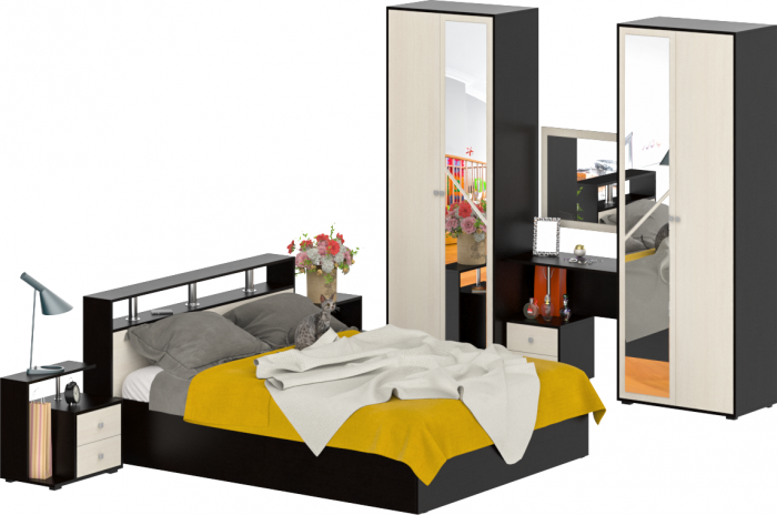 Камелия спальня № 2 Кровать 1600 + Две тумбы + Стол косметич. + Зеркало + Шкаф 4-х, цвет венге/дуб лоредо, сп.м. 1600х2000 мм., б/м, осн. есть