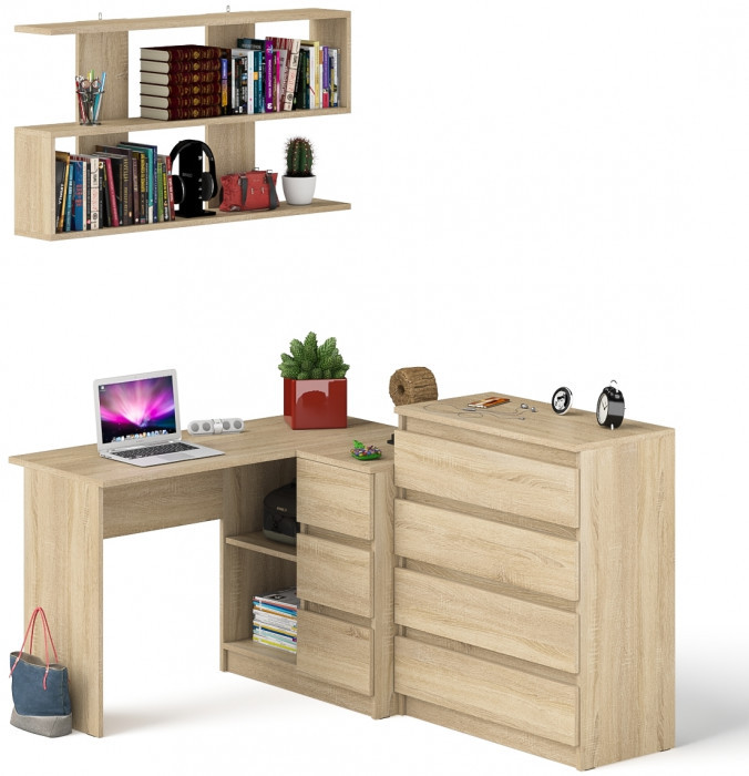 Мори компьютерный стол МС-16 правый + Комод МК800.4 + Полка 1200, дуб сонома