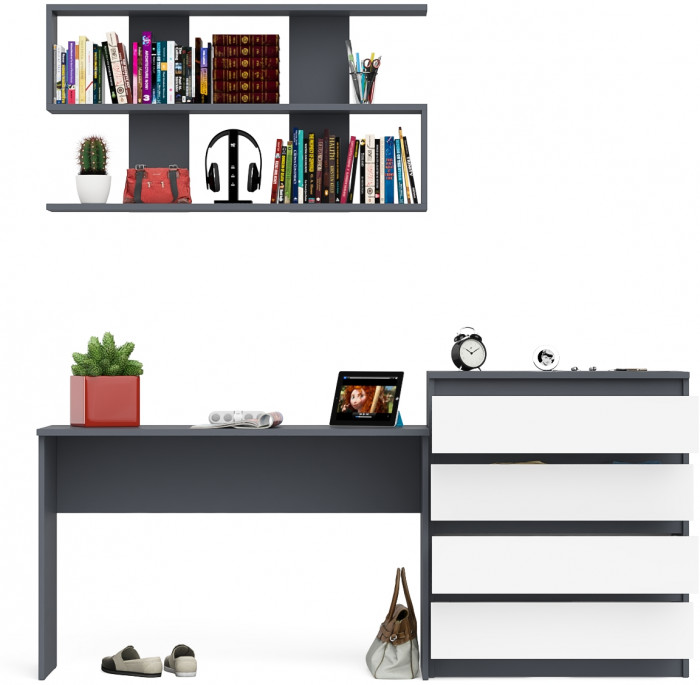 Мори письменный стол МСП1200.1 + Комод МК800.4 + Полка 1200, графит/белый