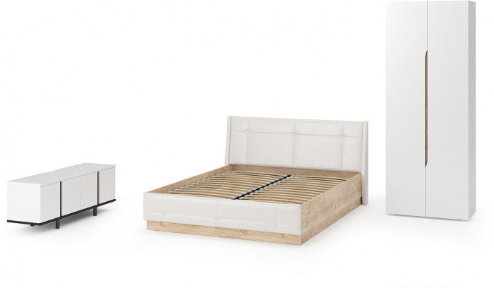 Муссон Спальня № 08, цвет белый/дуб эндгрейн элегантный/искусственная кожа белая, подъёмный ортопед, сп. м. 1600х2000 мм., б/м