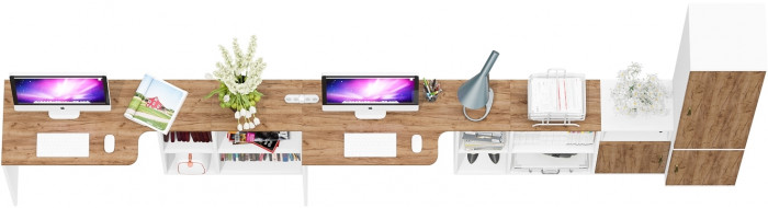 Лидер-8 Стол + Стол + Пенал МД 21Б + Тумба МД 3.19, цвет белый шагрень/крафт золото, ШхГхВ 410х50/37,5х75/190 или 230х160/50х75/190 см., НЕ ун. сб.