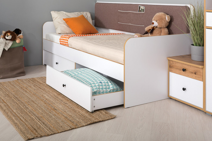 Вуди Компоновка № 34, цвет белый премиум/дуб крафт золотой/саванна латте, сп. м. 900х2000 мм., б/м, основание есть, матрас высотой до 200 мм.