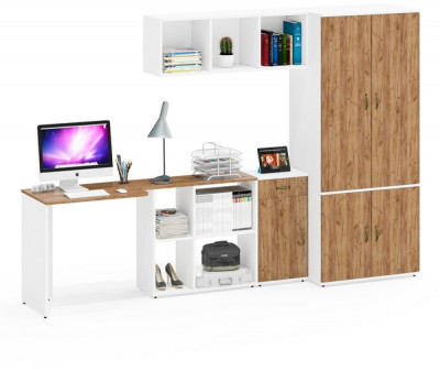 Лидер-8 Стол + Полка + Тумба МД 3.15 + Шкаф МД 19Б, белый шагрень/крафт золото