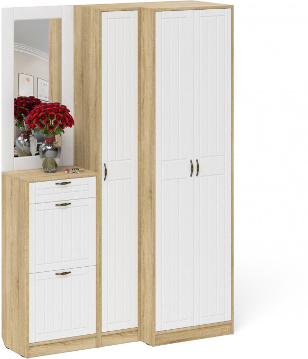 Прихожая П-6 Компоновка № 29, дуб сонома/фасады МДФ белое дерево фрезеровка прованс