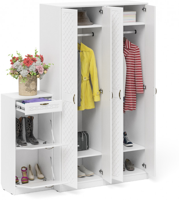 Прихожая П-6 Компоновка № 13, цвет белая шагрень/фасады МДФ белое дерево фрезеровка ромб, ШхГхВ 170х50х210 см., универсальная сборка