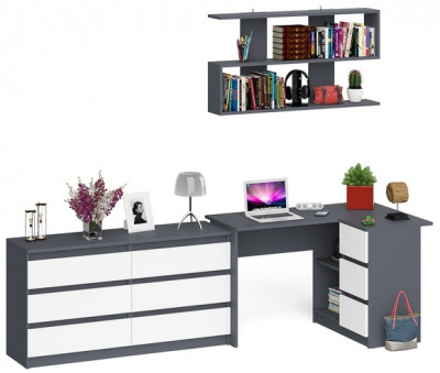 Мори компьютерный стол МС-16 правый + Комод МК1380.6 + Полка 1200, графит/белый