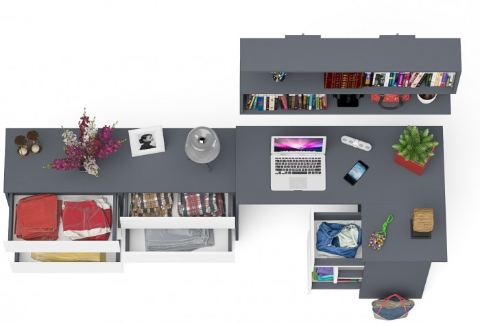 Мори компьютерный стол МС-16 правый + Комод МК1380.6 + Полка 1200, графит/белый