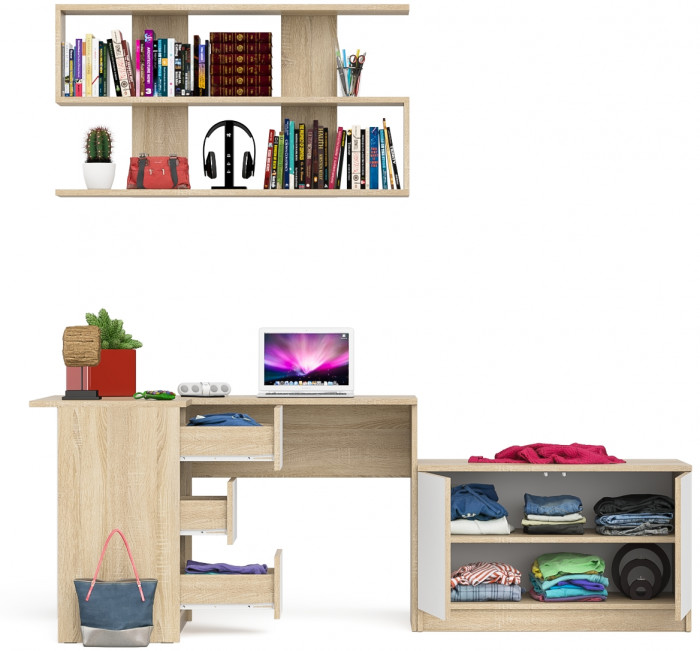 Мори Стол компьютерный МС-16 левый + Тумба МА900.1 + Полка 1200, цвет дуб сонома/белый, ШхГхВ 214,8х84,9х209,6 см., НЕ универсальная сборка