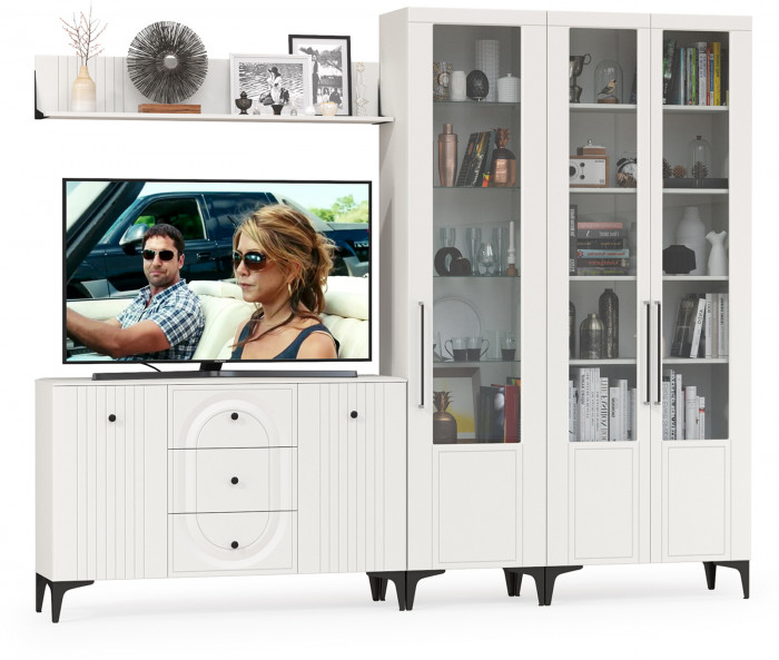 Валенсия Гостиная № 115, цвет ЛДСП белый шагрень/МДФ белый шагрень, ШхГхВ 272,3х38,4х225,2 см., универсальная сборка