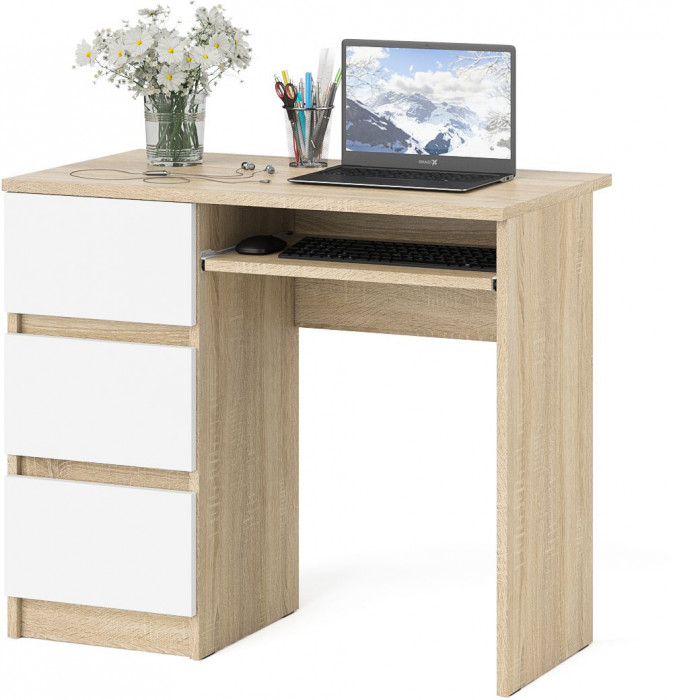 Мори Стол компьютерный МС-6 левый, цвет дуб сонома/белый, ШхГхВ 90х50х76,6 см., выдвижные ящики слева, НЕ универсальная сборка
