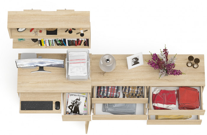 Мори компьютерный стол МС-1 правый + Комод МК1380.6 + Полка 900, дуб сонома