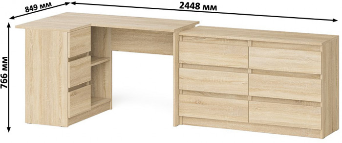 Мори компьютерный стол МС-16 левый + Комод МК1200.6, дуб сонома